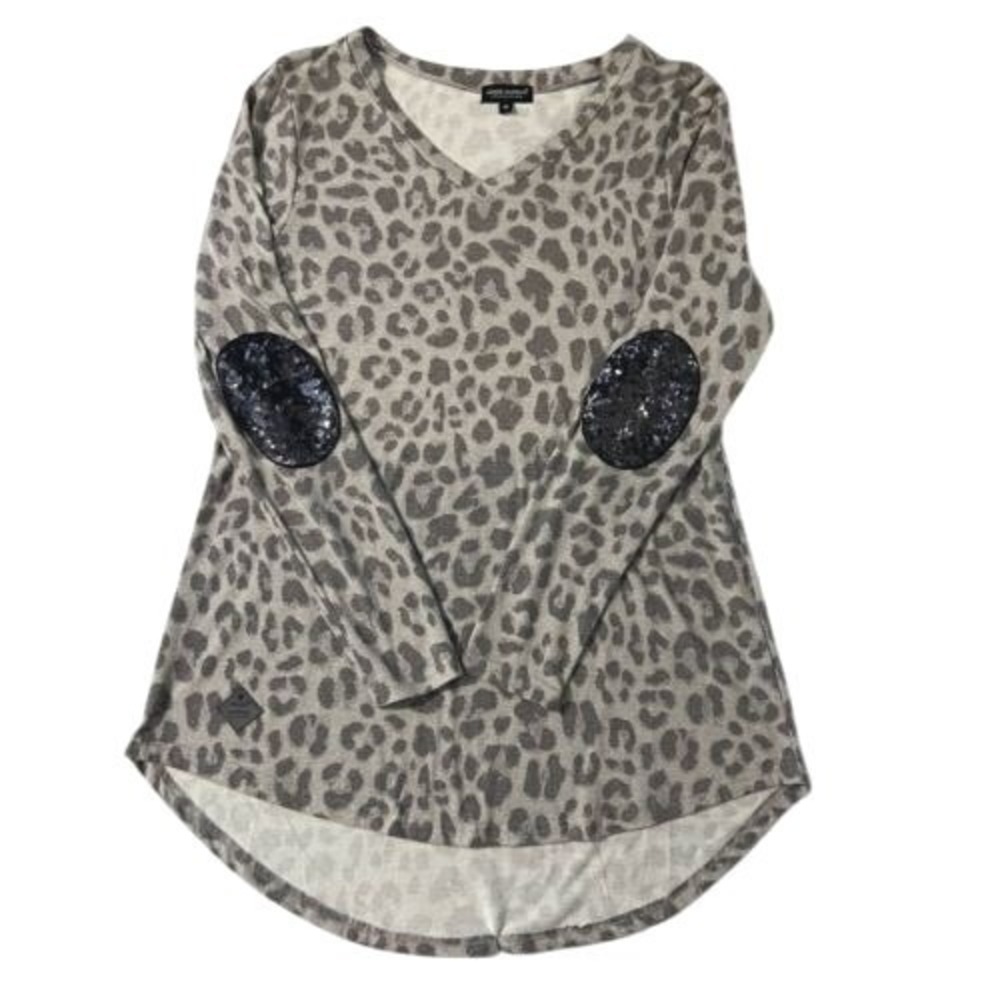 Simply Southern Leopard Print Long Sleeve Shirt M Sequin Elbow Patches Hi Low